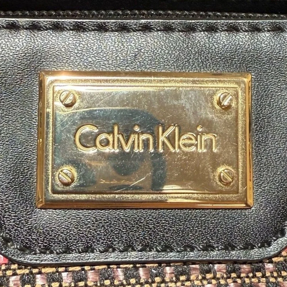 Calvin Klein‎ Tote Bag Multicolor Woven Raffia Stripe Gold Logo Womens Large